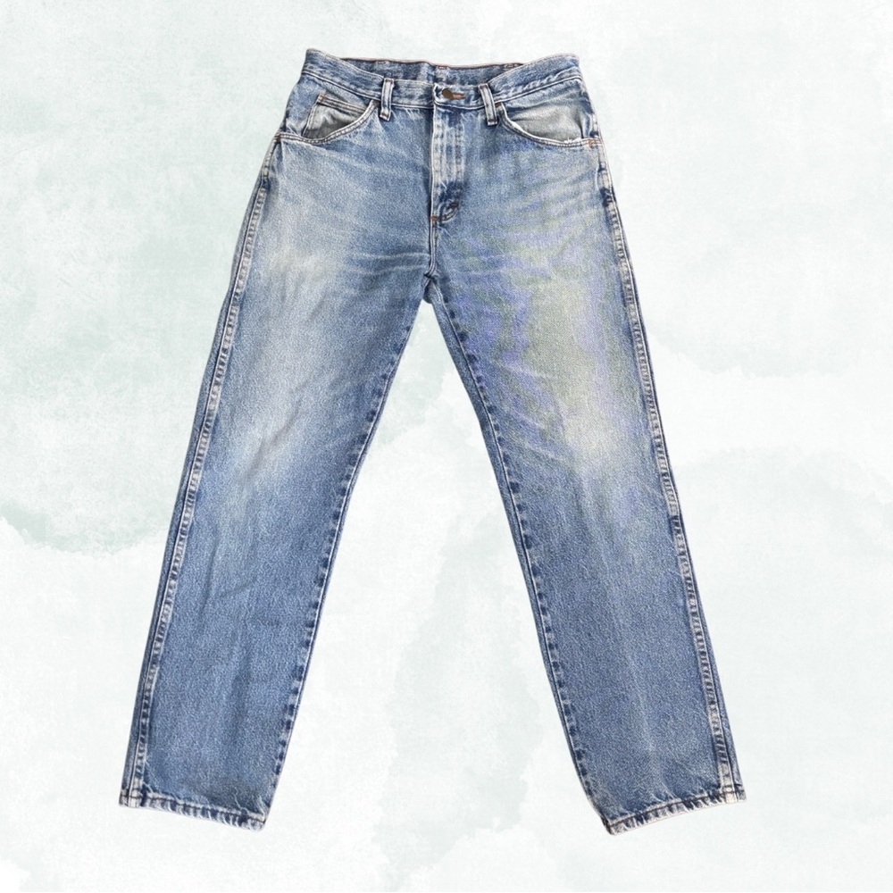 Vintage 30x30 straight leg denim with wallet fade on the back pocket